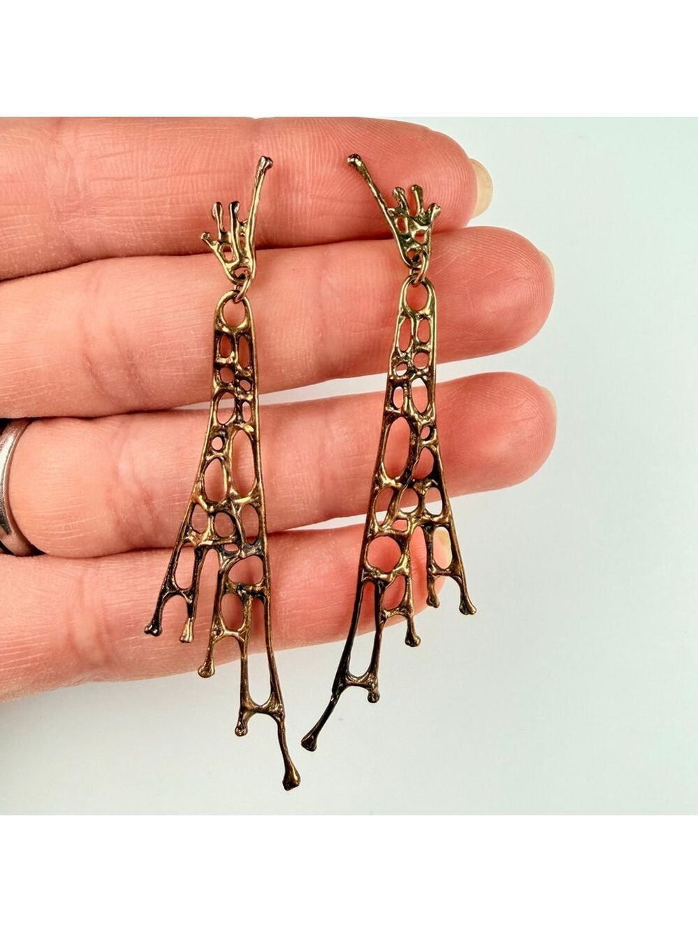 Estate 14K Solid Gold Brutalist Abstract Sculptural Web Drip 2.6" MCM Earrings - Picture 7 of 11